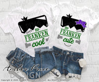 Kid's Halloween SVG PNG DXF, Franken Cool SVGs, Matching siblings Halloween SVGs, Franken Cute DIY Halloween shirt SVG. Brother and sister cut file for cricut, silhouette, cute Halloween Shirt Vector for Fall and Autumn. Fall shirt SVG DXF PNG versions included. EPS by request. Sublimation file. From Amber Price Design