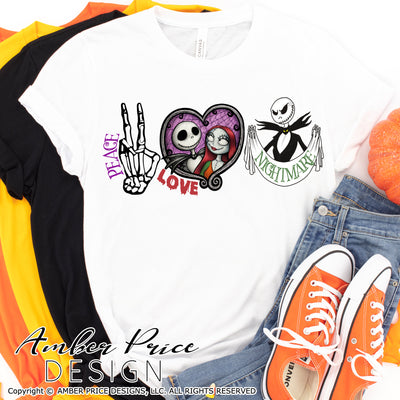 Peace Love Nightmare PNG Jack Skellington sublimation design Funny Halloween printable. Cricut, silhouette, Nightmare before Christmas Jack Skeleton Halloween shirt design for Fall and Autumn. Women's Fall Halloween shirt PNG . High Resolution Cute and Unique sublimation PNG file. Personal Use. From Amber Price Design