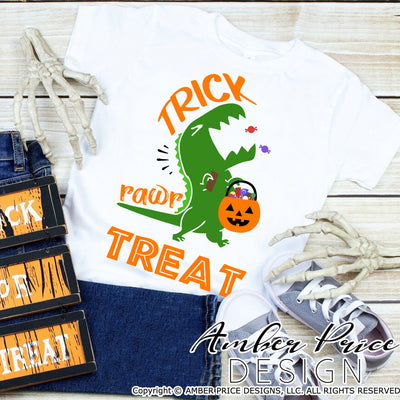 Kid's Halloween SVG PNG DXF, Trick Rawr Treat SVGs, Halloween Dinosaur SVGs,   Cute DIY children's Halloween shirt SVG. Boys or girls SVG cut file for cricut, silhouette, cute Halloween Shirt Vector for Fall and Autumn. Fall shirt SVG DXF PNG versions included. EPS by request. Sublimation file. From Amber Price Design